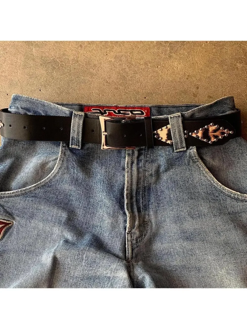 Vintage Y2K style Cheetah Print Studded Black Belt. 39 inches fits a 26-34